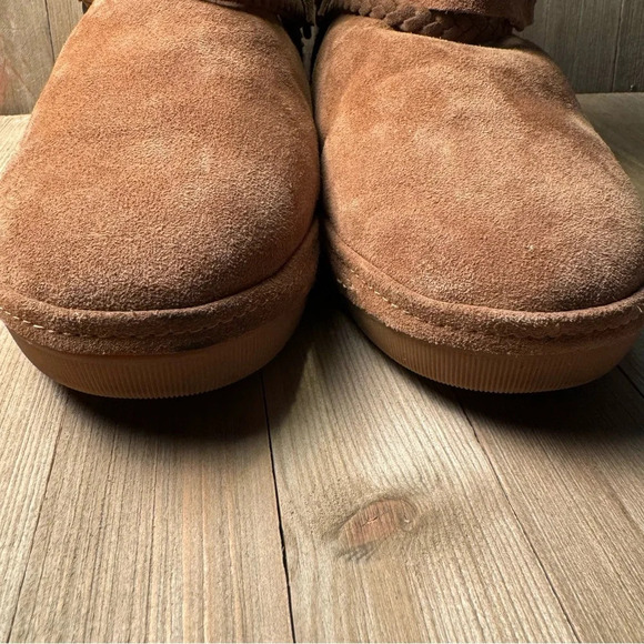 Suede Wool Lined Mid-Calf Boots Tan Ankle Strap Accent size 9 Cozy Tara M Zoe - Picture 5 of 11